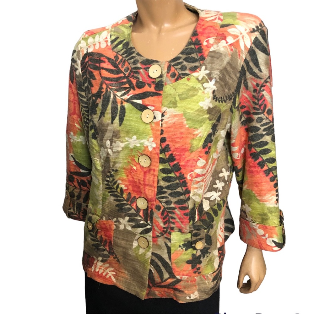 Alexis & Avery Linen/Cotton Blend Floral Jacket, Buttons / Pockets, Sz 14